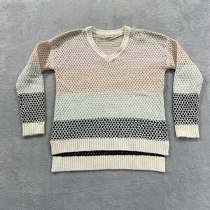 Greige V-Neck Sweater Women Small Multicolor Stripes Waffle Detail